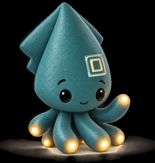 Vault, the teal squid with a square badge